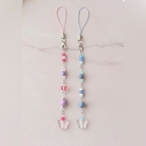 Pastel Pink & Blue Beaded Butterfly Phone Charm Set of 2